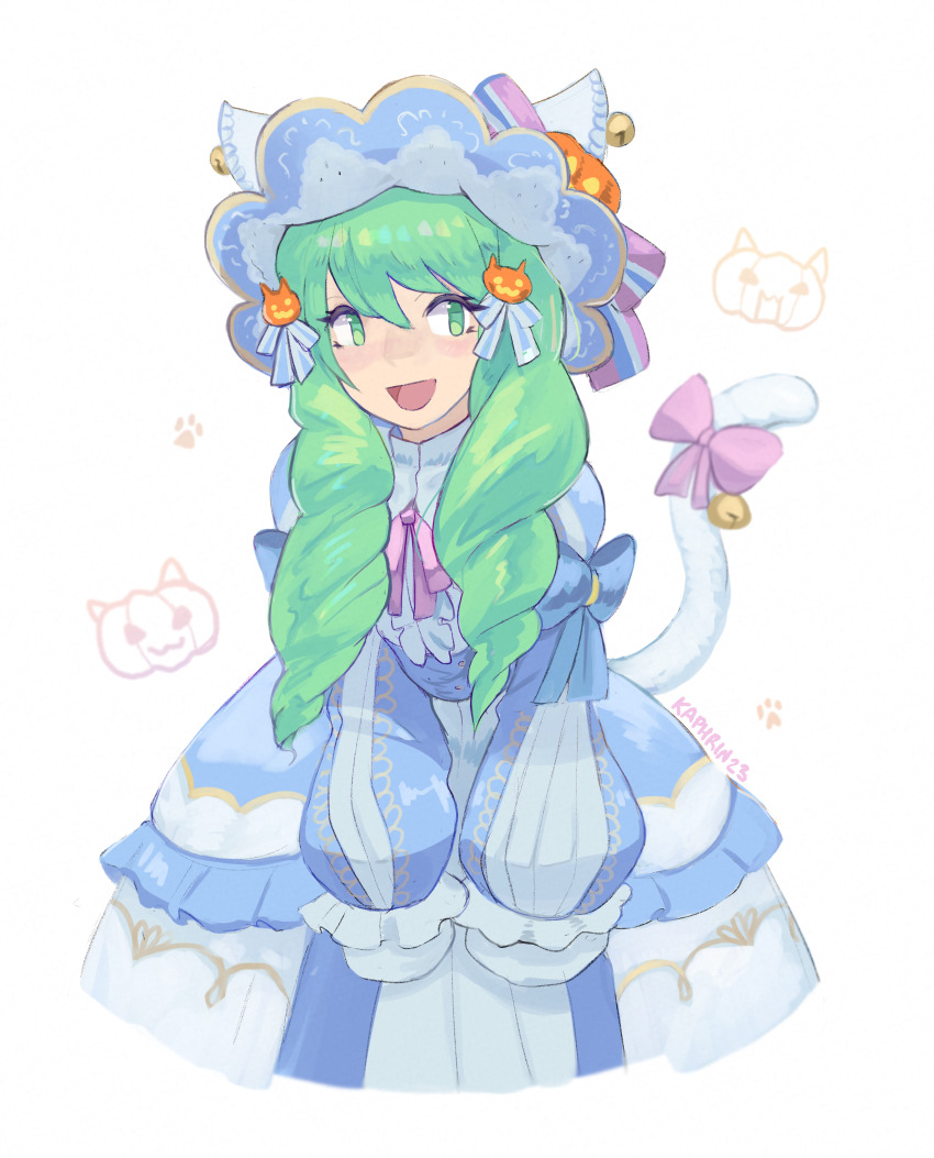 1girl :d absurdres cat_tail fake_tail fire_emblem fire_emblem:_three_houses fire_emblem_heroes flayn_(fire_emblem) flayn_(halloween)_(fire_emblem) green_eyes green_hair hair_between_eyes hair_ornament halloween halloween_costume highres jack-o&#039;-lantern jack-o&#039;-lantern_hair_ornament kaphrin long_sleeves nintendo official_alternate_costume open_mouth smile solo tail white_background