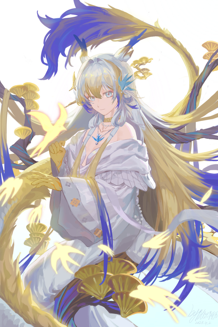 1girl absurdres allieali ambience_synesthesia arknights bare_shoulders blonde_hair blue_eyes blue_hair chinese_commentary choker closed_mouth colored_extremities commentary_request dated dress grey_dress grey_hair hair_between_eyes hair_intakes highres jewelry light_smile long_hair long_sleeves looking_at_viewer multicolored_hair off_shoulder official_alternate_costume partial_commentary pendant shu_(arknights) solo very_long_hair white_background wide_sleeves yellow_choker