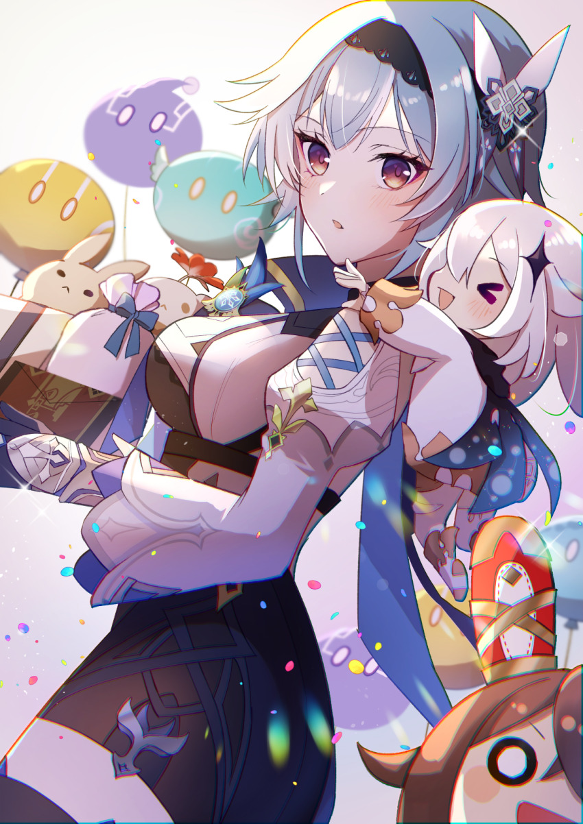 &gt;_&lt; 2girls 3sat0 balloon baron_bunny_(genshin_impact) black_gloves black_hairband blue_hair blush breasts chromatic_aberration cryo_symbol_(genshin_impact) dodoco_(genshin_impact) dress dutch_angle electro_slime_(genshin_impact) eula_(genshin_impact) from_side genshin_impact gift gloves hair_ornament hairband highres holding holding_gift hydro_slime_(genshin_impact) jumpy_dumpty large_breasts looking_to_the_side medium_hair multiple_girls open_mouth paimon_(genshin_impact) parted_lips purple_eyes slime_(genshin_impact) vision_(genshin_impact) white_dress white_hair white_sleeves wide_sleeves