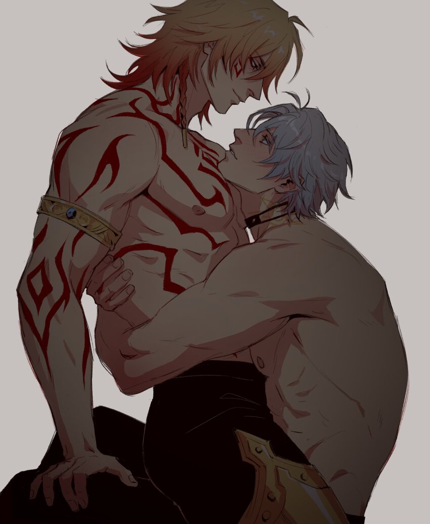 2boys abs absurdres antenna_hair arm_tattoo armlet between_pecs between_pectorals black_pants blonde_hair braid chest_tattoo donlemefo eye_contact facial_tattoo gradient_hair grey_background hair_between_eyes head_between_pecs highres honkai:_star_rail honkai_(series) hug jewelry looking_at_another male_focus multicolored_hair multiple_boys mydei_(honkai:_star_rail) pants pectorals phainon_(honkai:_star_rail) red_hair red_tattoo side_braid simple_background sitting sitting_on_lap sitting_on_person sun_symbol sun_tattoo tan tattoo toned toned_male topless_male white_hair yaoi