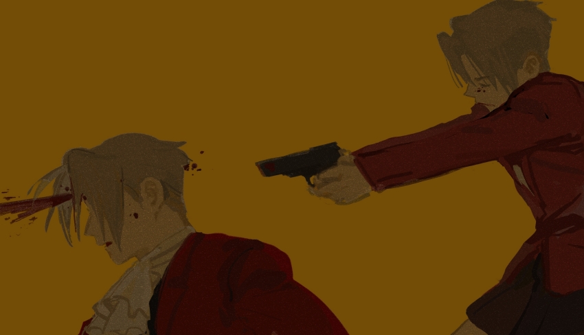 2boys ace_attorney aged_down blood blood_on_face child formal_clothes gun highres miles_edgeworth mimulishizi multiple_boys school_uniform simple_background weapon yellow_background