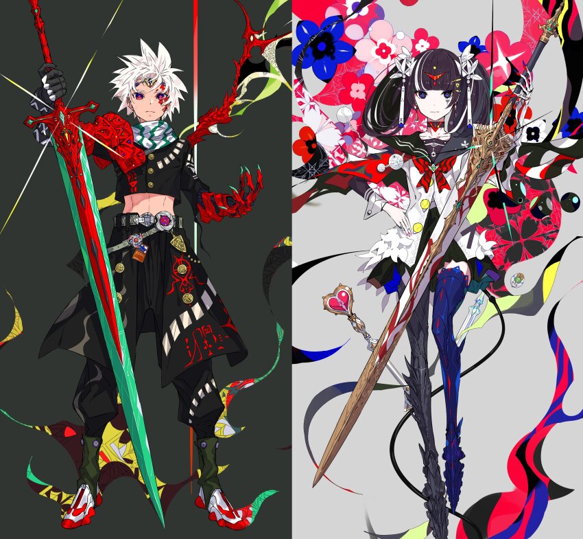 1boy 1girl absurdres armor armored_boots belt black_hair blue_eyes boots choker commentary_request crop_top fantasy flower highres holding holding_sword holding_weapon illustration.media long_hair looking_at_viewer multicolored_hair navel original palow red_pupils sailor_collar skirt straight-on streaked_hair sword thigh_boots twintails weapon white_hair