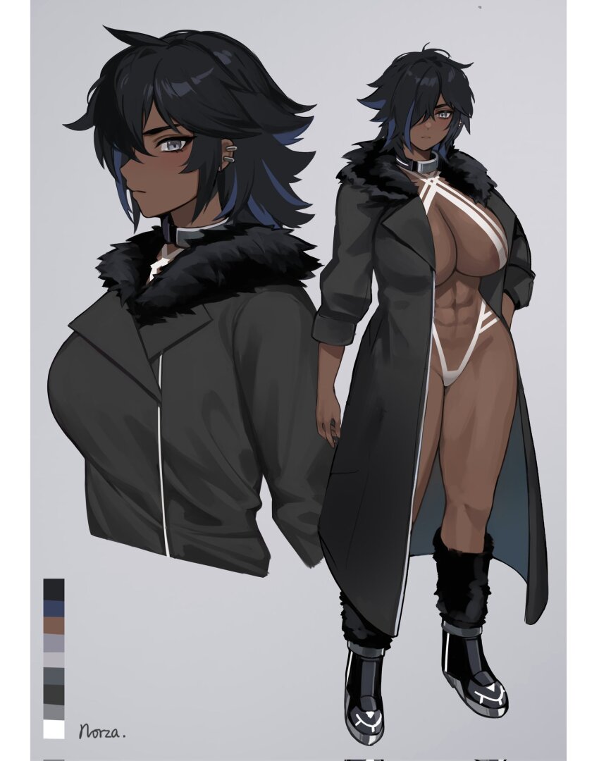 1girl abs artist_name black_coat black_footwear black_hair blue_hair boots breasts closed_mouth coat collar color_guide commentary corrupted_twitter_file cowlick criss-cross_halter cropped_torso dark-skinned_female dark_skin ear_piercing expressionless full_body fur-trimmed_coat fur_trim grey_background grey_eyes hair_over_one_eye halterneck hand_on_own_hip highres large_breasts light_blush looking_at_viewer medium_hair metal_collar multicolored_hair multiple_views norza one_eye_covered open_clothes open_coat original piercing pillarboxed profile revealing_clothes three-quarter_sleeves standing streaked_hair symbol-only_commentary toned toned_female two-tone_hair