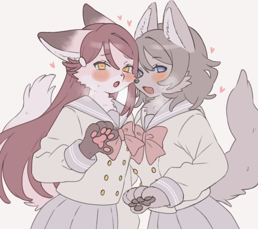 blue_eyes brown_hair fur furry grey_hair heart heart-shaped_pupils long_hair love_live! love_live!_sunshine!! multiple_girls necktie pawpads red_hair sakurauchi_riko school_uniform serafuku short_hair symbol-shaped_pupils tail uranohoshi_school_uniform watanabe_you yellow_eyes