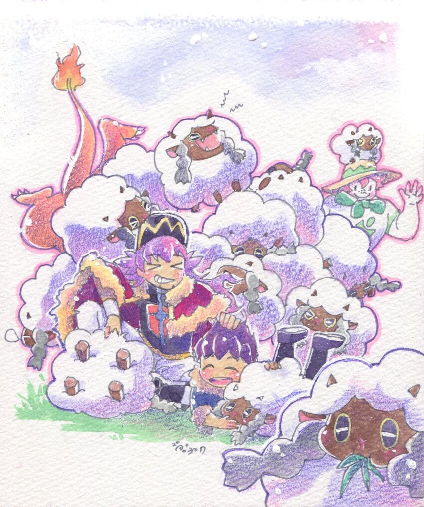 &gt;_&lt; 3boys baseball_cap cape charizard closed_eyes dark-skinned_male dark_skin gen_1_pokemon gen_8_pokemon grin hat headpat highres holding holding_pokemon hop_(pokemon) jacket kipam kneeling korean_commentary leon_(pokemon) long_hair lying milo_(pokemon) multiple_boys nintendo on_ground on_head on_stomach open_mouth pants pokemon pokemon_(creature) pokemon_on_head pokemon_swsh protected_link purple_hair shoes short_hair signature smile waving_arm wooloo