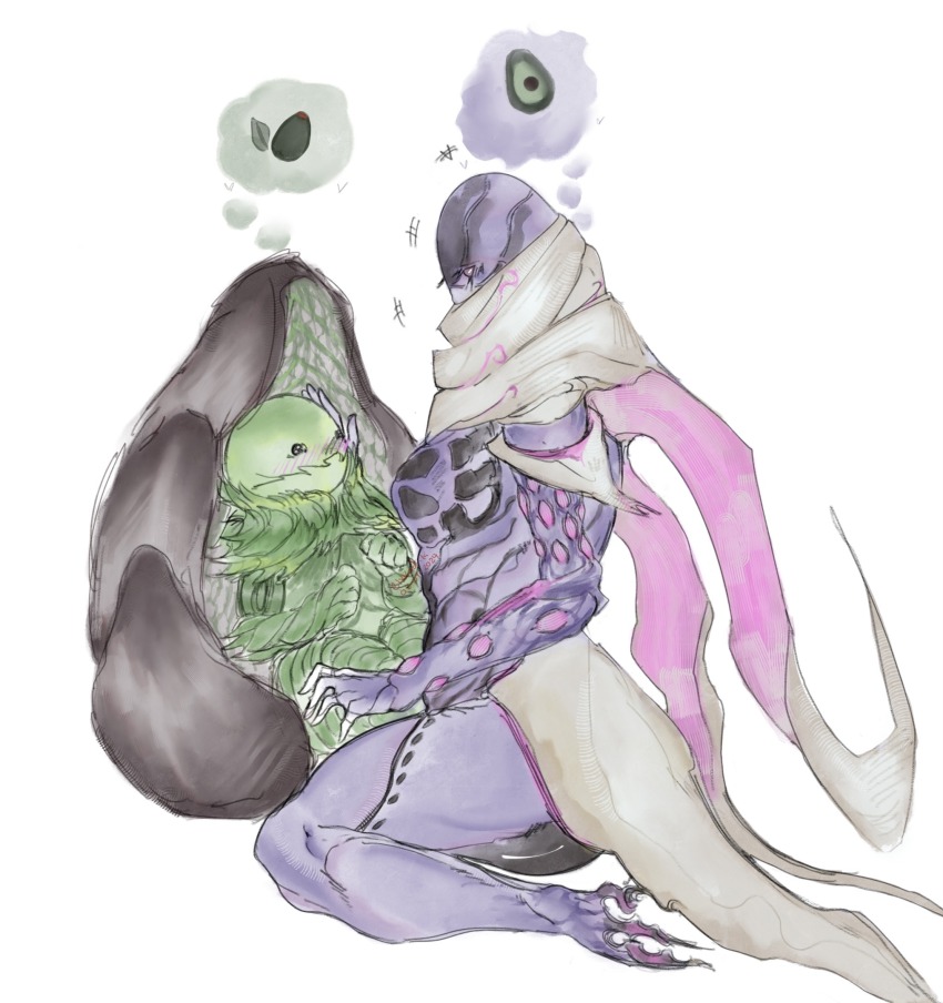 1boy 1girl avakot biomechanical black_eyes blush brown_scarf colored_skin elykodi-k faceless green_skin highres monster_boy no_feet plant_boy purple_skin scarf shell simple_background soulframe speech_bubble thighs thought_bubble warframe white_background wisp_(warframe)