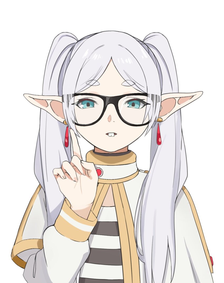1girl ackchyually_(meme) black-framed_eyewear blue_eyes buck_teeth capelet commentary earrings elf floating_earring frieren glasses gold_trim highres index_finger_raised jacket jewelry ku_roiko long_hair long_sleeves looking_at_viewer meme pointing pointing_up pointy_ears shirt sidelocks simple_background solo sousou_no_frieren striped_clothes striped_shirt symbol-only_commentary teardrop_earrings teeth twintails upper_body white_background white_capelet white_hair white_jacket