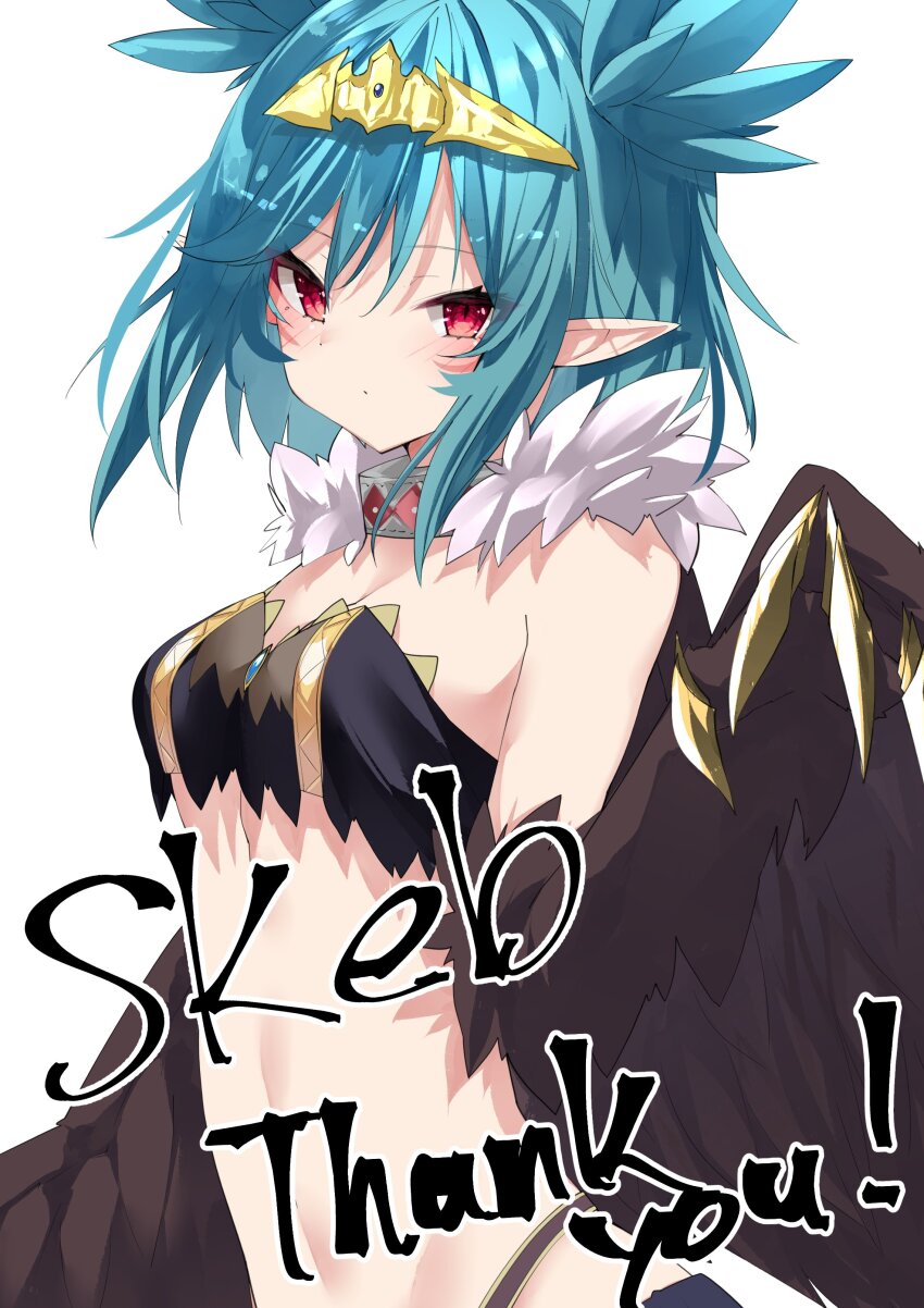 1girl absurdres black_feathers black_wings blue_hair blush breasts claws commentary_request commission feathers harpy highres indie_virtual_youtuber kamiya_mitobe lincoro looking_at_viewer monster_girl pointy_ears red_eyes short_twintails simple_background skeb_commission small_breasts solo thank_you tiara twintails virtual_youtuber white_background winged_arms wings