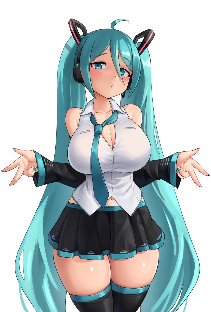 ahoge ajidot alternate_breast_size aqua_eyes aqua_hair aqua_nails aqua_necktie aqua_trim bare_shoulders black_skirt black_thighhighs blush breasts cleavage collarbone collared_shirt commentary contrapposto cowboy_shot curvy detached_sleeves double-parted_bangs double_w grey_shirt hair_between_eyes half-closed_eyes hatsune_miku head_tilt headphones headset highres lace lace-trimmed_collar lace-trimmed_shirt lace_trim large_breasts long_hair looking_at_viewer loose_necktie midriff_peek miniskirt navel necktie partially_unbuttoned pleated_skirt puckered_lips shirt shrugging simple_background skirt sleeveless sleeveless_shirt symbol-only_commentary thick_thighs thigh_gap thighhighs thighs twintails very_long_hair vocaloid w white_background zettai_ryouiki