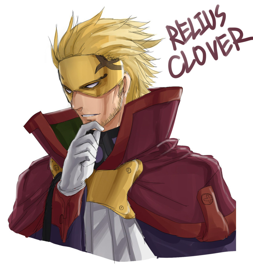 1boy beard blazblue blonde_hair cape facial_hair gloves highres luse_maonang male_focus mask relius_clover simple_background solo white_background white_eyes