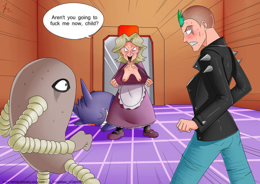 1boy 1girl agatha_(pokemon) breasts breasts_out elite_four gen_1_pokemon gengar hitmonlee nervous nervous_sweating nintendo one_eye_closed oo_sebastian_oo pokemon pokemon_(creature) pokemon_frlg pokemon_xy presenting profanity punk_guy_(pokemon) sagging_breasts small_breasts smile sweat uncensored watermark web_address wink