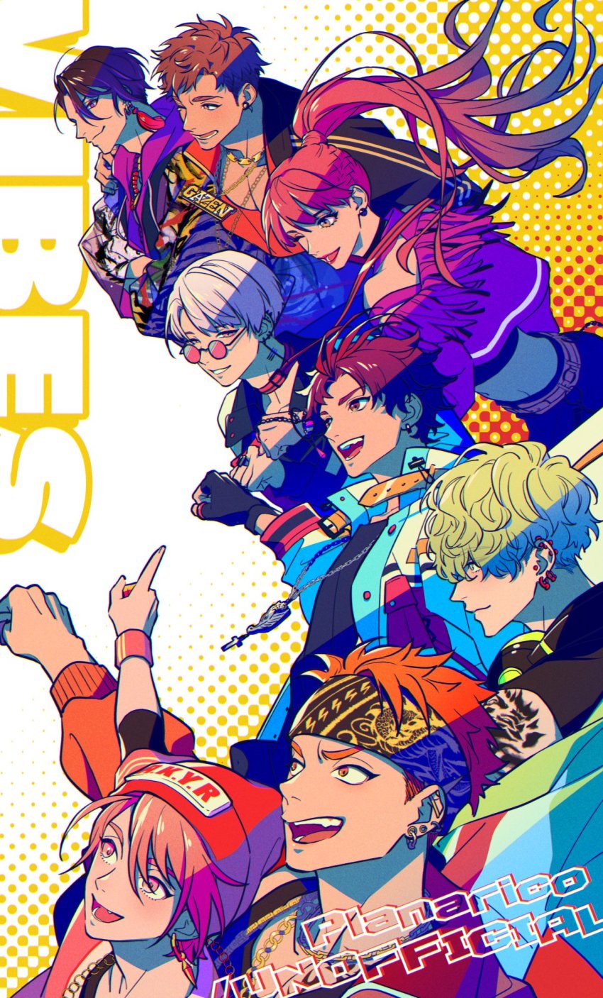 1other 6+boys artist_name black_hair brown_hair ear_piercing earrings faulkner_anne gaho_zen glasses green_eyes green_hair highres ito_satsuki jewelry long_hair male_focus maruyama_reo masaki_hokusai multicolored_hair multiple_boys paradox_live piercing pink_eyes pink_hair planarico ponytail purple_hair red_eyes red_hair short_hair sugasano_allen suiseki_iori twitter_username white_hair yeon_hajun