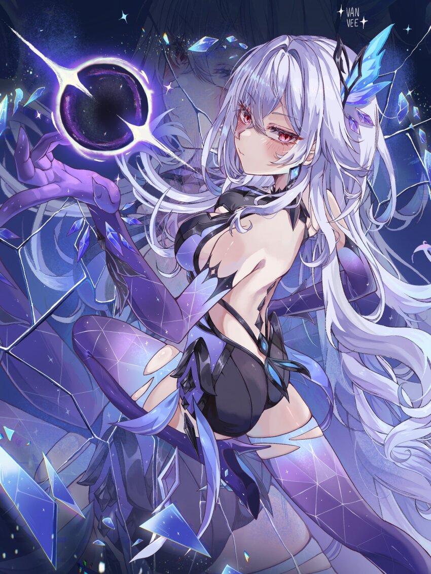 1girl backless_dress backless_outfit black_dress blush boots breasts commentary dress english_commentary from_side genshin_impact hair_ornament hand_up highres long_hair looking_at_viewer pink_eyes purple_boots skirk_(genshin_impact) solo thigh_boots vanillashiii zoom_layer