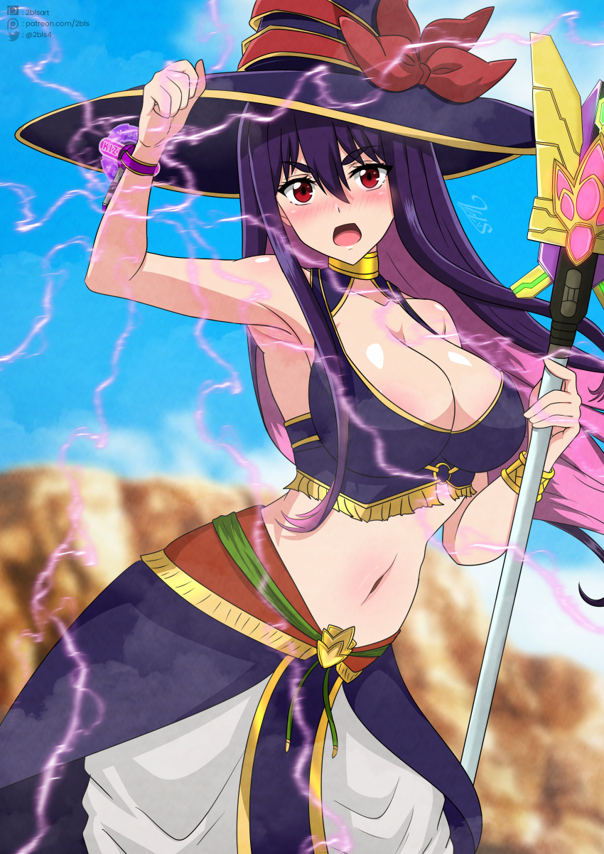 1girl absurdres armpits blurry blurry_background blush breasts cleavage collar colored_inner_hair crop_top full-face_blush hair_between_eyes hat hat_ribbon highres holding holding_staff idola_avorn large_breasts lightning long_hair looking_at_viewer metal_collar multicolored_hair navel pants pink_hair purple_hair red_eyes red_ribbon ribbon sentai_red_ga_isekai_de_boukensha_ni_naru solo staff stomach twobless white_pants witch_hat