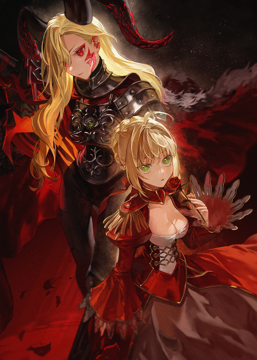 2girls ahoge armor armored_bodysuit black_armor black_bodysuit black_gloves black_horns blonde_hair bodysuit braid braided_bun breasts cape cleavage daeraeband dragon_horns dress epaulettes facial_mark fate/grand_order fate_(series) fur-trimmed_cape fur_trim gloves green_eyes hair_bun hair_intakes hair_over_one_eye hair_ribbon highres horns juliet_sleeves large_breasts long_hair long_horns long_sleeves looking_at_viewer multiple_girls nero_claudius_(fate) nero_claudius_(fate/extra) pointy_ears pteruges puffy_sleeves queen_draco_(fate) queen_draco_(third_ascension)_(fate) red_dress red_eyes red_ribbon red_scales ribbon short_hair shoulder_plates single_hair_bun wavy_hair
