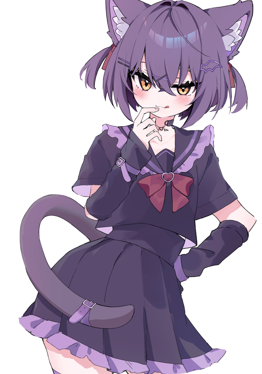 1girl :q amd_vrc animal_ear_fluff animal_ears arm_warmers black_sailor_collar black_shirt black_skirt blush bow cat_ears cat_girl cat_tail chocolat_(vrchat) choker finger_to_mouth frilled_sailor_collar frills hair_ornament hair_ribbon hairclip hand_on_own_hip highres licking_lips looking_at_viewer orange_eyes pleated_skirt purple_hair purple_sailor_collar purple_shirt purple_skirt purple_thighhighs red_ribbon ribbon sailor_collar school_uniform serafuku shirt short_hair short_sleeves short_twintails simple_background skirt smile solo tail thigh_strap thighhighs tongue tongue_out twintails two_side_up vrchat white_background yellow_eyes