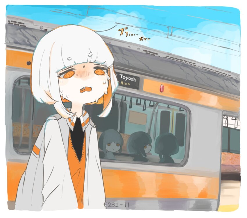 4girls @_@ augustin_tea black_gloves cardigan clone collared_jacket colored_inner_hair east_japan_railway_company fangs gloves highres jacket japan_railways jr_east_e233_series long_sleeves multicolored_hair multiple_girls multiple_unit_train open_mouth orange_cardigan orange_hair original overhead_line shirt short_eyebrows short_hair sweat train white_hair