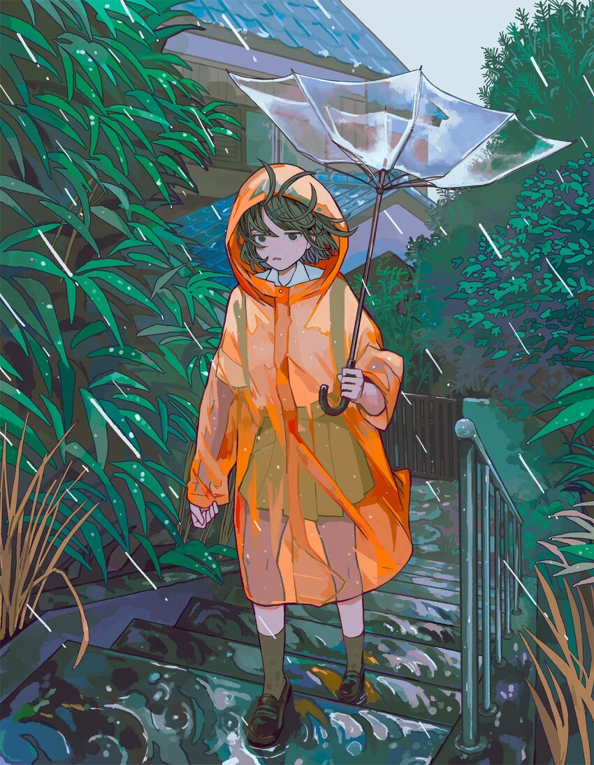1girl architecture banister black_eyes black_hair black_shoes black_socks commentary east_asian_architecture highres holding holding_umbrella house inverted_umbrella loafers looking_at_viewer nanakawa_(nanasoon) on_stairs open_mouth orange_raincoat original plant pleated_skirt rain raincoat see-through_clothes see-through_raincoat shirt shoes short_hair skirt socks solo stairs suspender_skirt suspenders umbrella water wet white_shirt wind window