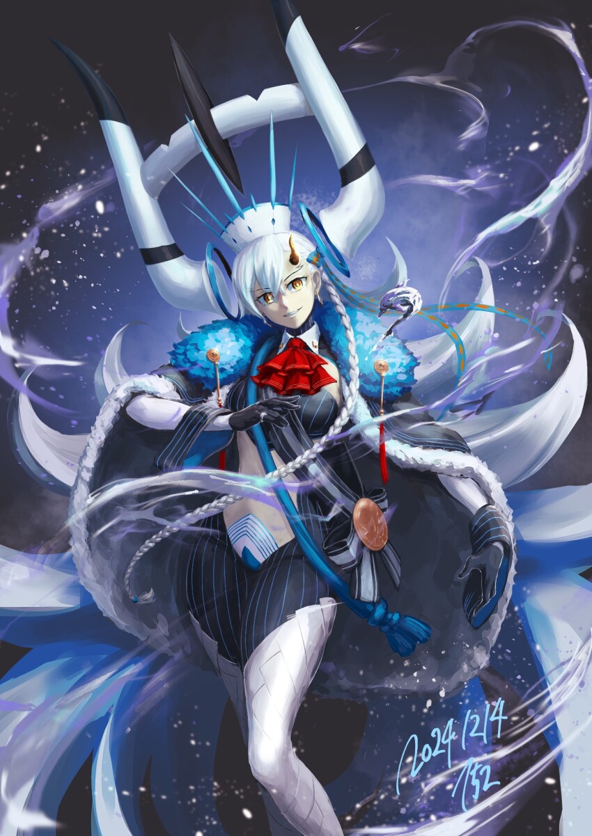 152_in_can 1girl ascot asymmetrical_bangs black_gloves braid breasts cape clothing_cutout collared_shrug crop_top crotch_plate crown dated e-aqua_marie fate/grand_order fate_(series) fur-trimmed_cape fur_trim gloves gradient_hair hair_between_eyes highres horns huge_horns jewelry large_breasts long_bangs long_braid long_hair long_sleeves looking_at_viewer medallion midriff mixed_horns multicolored_hair navel olga_marie_animusphere orange_eyes pantyhose parted_lips pinky_ring red_ascot ribbon ring shrug_(clothing) side_braid single_horn stomach_cutout striped_clothes striped_pantyhose thick_thighs thighs two-tone_pantyhose two-tone_ribbon u-olga_marie vertical-striped_clothes vertical-striped_pantyhose very_long_hair white_hair white_ribbon