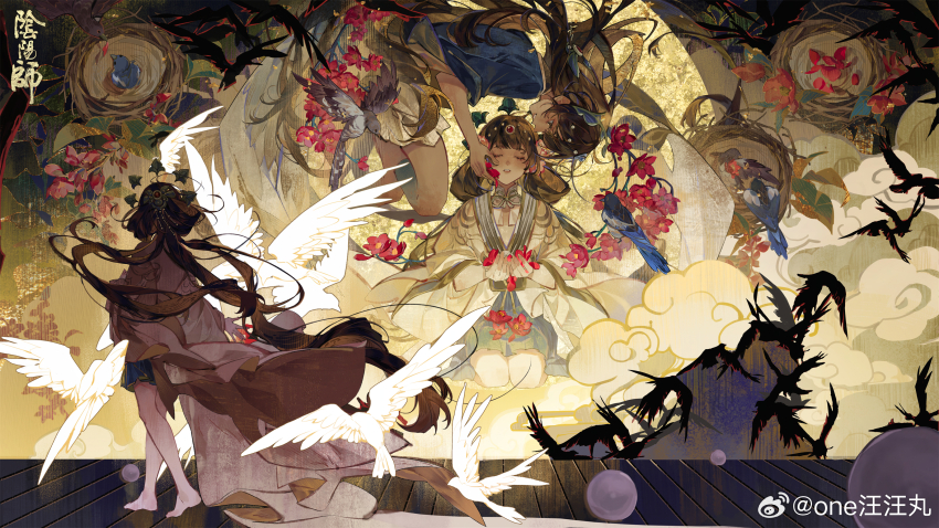 2girls absurdres barefoot bird brown_hair dress flower highres long_hair multiple_girls one_wang_yaowan original watermark weibo_username weibo_watermark
