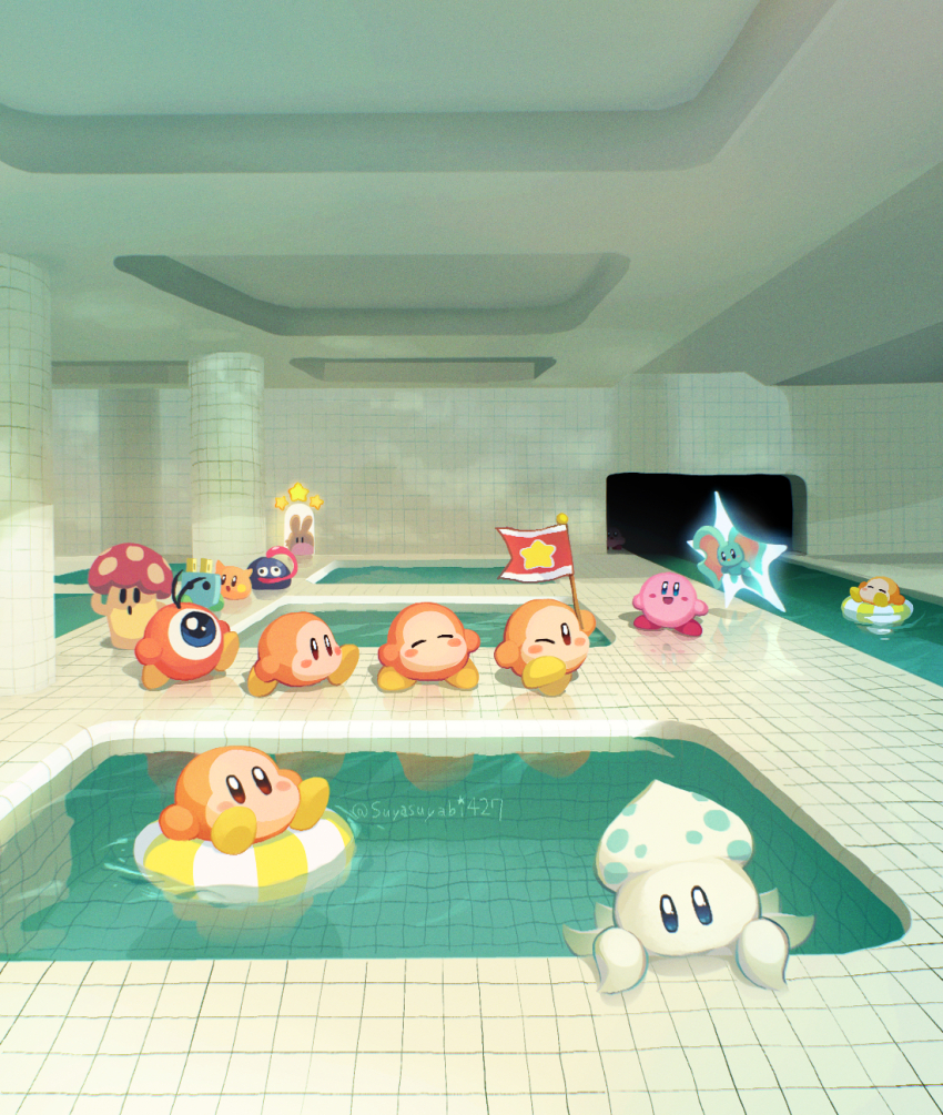 2boys backrooms_(creepypasta) blush cappy_(kirby) character_request closed_eyes closed_mouth dream_pool elfilin flag gooey_(kirby) highres holding holding_flag innertube kirby kirby_(series) multiple_boys nintendo open_mouth plugg_(kirby) pool reflection reflective_floor reflective_water smile squishy_(kirby) suyasuyabi swim_ring twitter_username waddle_dee waddle_doo water