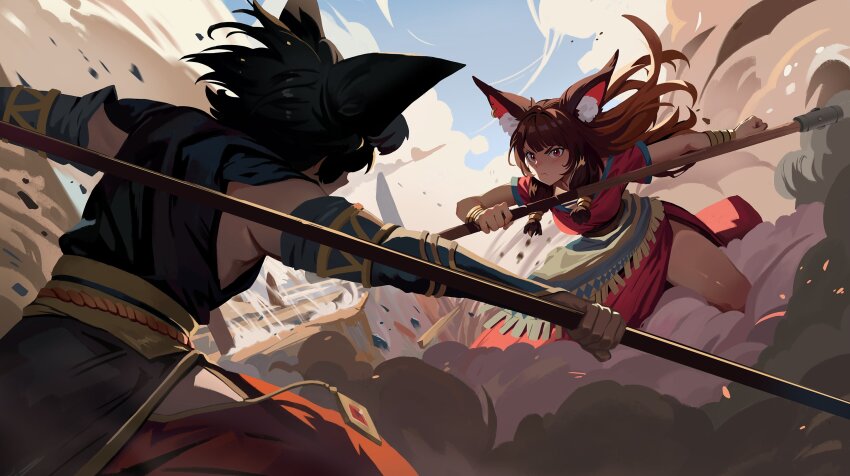 1boy 1girl animal_ear_fluff animal_ears black_hair black_shirt blue_sash blue_sky bracer brown_hair brown_sash celestra cloud commentary debris detached_sleeves dress dust_cloud english_commentary facing_another fighting fighting_stance floating_hair fox_boy fox_ears fox_girl fringe_trim grey_sleeves grimace highres holding holding_staff leaning_forward long_hair looking_at_another low-tied_sidelocks orange_pants original outdoors outstretched_arm pants red_dress red_eyes rope_belt sash shirt short_hair side_slit sidelocks sky sparks staff two-tone_sash