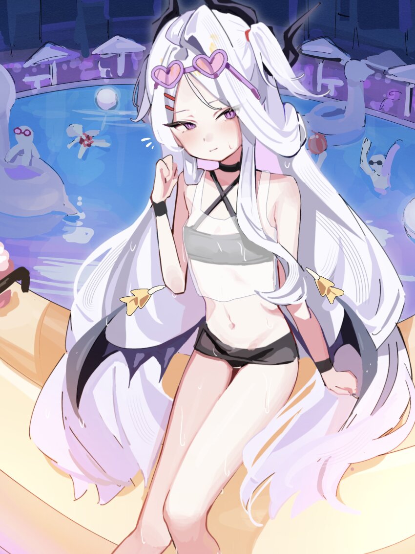 1girl absurdres ahoge alternate_costume bikini blue_archive blush coa_(35_seno) demon_girl demon_horns demon_wings eyewear_on_head flat_chest highres hina_(blue_archive) horns loli long_hair looking_at_viewer navel outdoors pool poolside purple_eyes sitting solo stomach swimsuit thighs white_hair wings