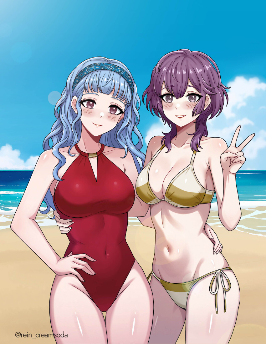 2girls absurdres beach bernadetta_von_varley bernadetta_von_varley_(timeskip) bikini breasts cleavage collarbone commission fire_emblem fire_emblem:_three_houses fire_emblem_warriors:_three_hopes groin highres large_breasts long_hair looking_at_viewer marianne_von_edmund multiple_girls navel nintendo official_alternate_hairstyle one-piece_swimsuit purple_eyes purple_hair red_one-piece_swimsuit rein_creamsoda side-tie_bikini_bottom smile striped_bikini striped_clothes swimsuit twitter_username v yellow_bikini