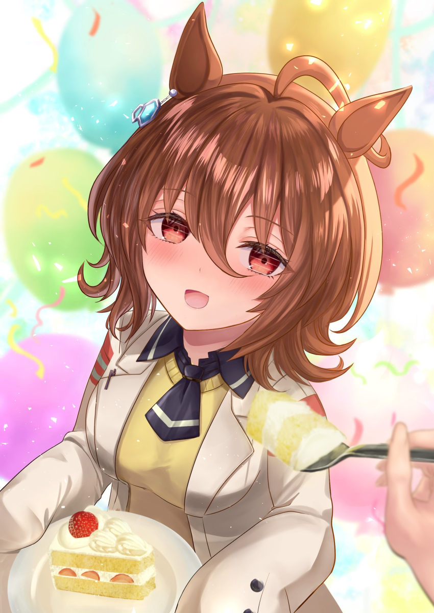 1girl absurdres agnes_tachyon_(umamusume) ahoge animal_ears balloon black_necktie blurry blurry_background blush breasts brown_hair cake chemical_structure coat collared_shirt commentary_request confetti crea_tiramisu disembodied_hand earrings food fork hair_between_eyes highres holding holding_fork holding_plate horse_ears horse_girl jewelry lab_coat looking_at_viewer medium_breasts messy_hair necktie open_clothes open_coat open_mouth pen plate red_eyes shirt short_hair short_necktie single_earring sleeves_past_fingers sleeves_past_wrists smile solo_focus strawberry_shortcake sweater umamusume upper_body white_coat yellow_sweater