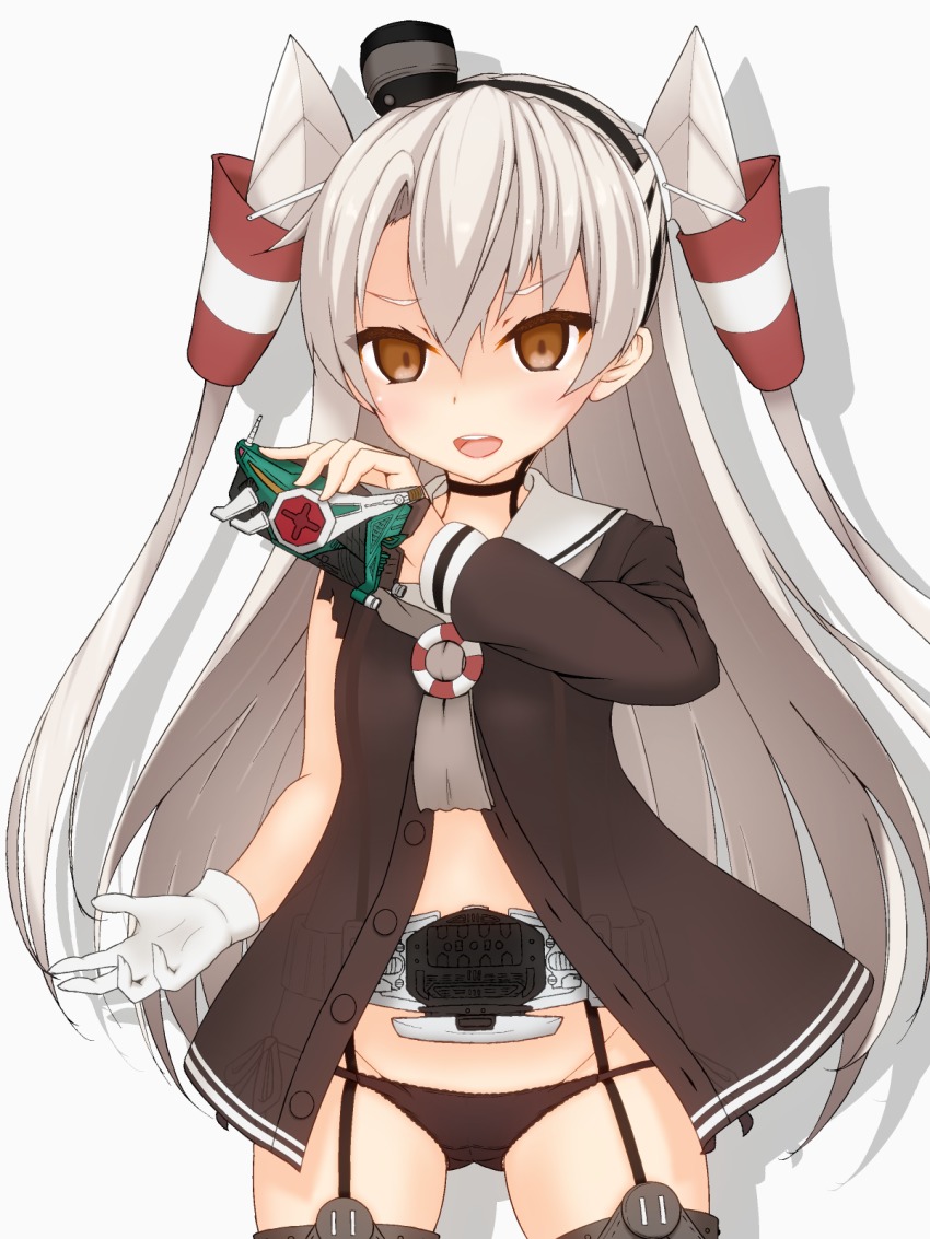 &gt;:d 1girl :d amatsukaze_(kancolle) asakura_meito black_neckwear black_panties brown_eyes choker female_focus garter_straps hair_tubes hairband henshin_pose highres holding kamen_rider kamen_rider_kabuto_(series) kamen_rider_kick_hopper kantai_collection long_hair looking_at_viewer open_mouth panties parody rider_belt school_uniform serafuku silver_hair simple_background smile solo thighhighs two_side_up underwear v-shaped_eyebrows white_background
