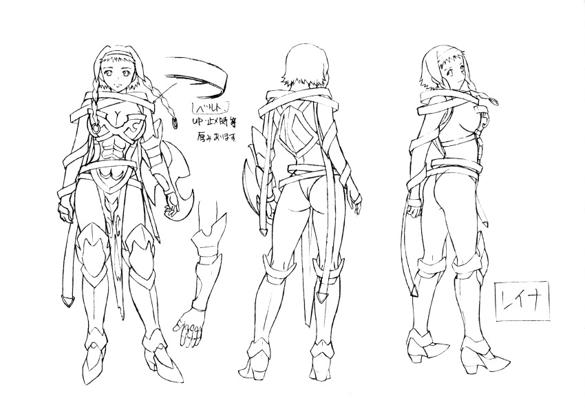 1girl absurdres armor ass braid breastplate breasts buckle reference_sheet cleavage curvy female_focus full_body hairband highres hisayuki_hirokazu large_breasts leina_(queen&#039;s_blade) monochrome multiple_views official_art queen&#039;s_blade revealing_clothes scan shield shiny_skin smile standing sword thong twin_braids weapon wide_hips