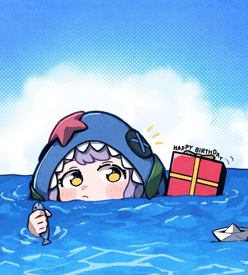 1girl :&lt; animal animal_hood blue_sky blush_stickers box burndle08 button_eyes buttons cloud commentary day dot_nose eel fish gift gift_box happy_birthday highres holding holding_animal holding_fish hood idolmaster idolmaster_million_live! looking_at_viewer makabe_mizuki notice_lines ocean outdoors paper_boat partially_submerged purple_hair shark_hood sidelocks sky solo starfish symbol-only_commentary yellow_eyes