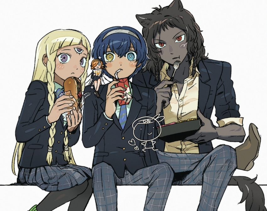 2boys 2girls :t animal_ears aragakiyurusan arm_up bare_legs basilio_(metaphor:_refantazio) bento black_leggings blonde_hair blue_eyes blue_hair blue_necktie blunt_bangs blush braid brown_footwear brown_hair buttoned_cuffs buttons chewing closed_mouth commentary_request contemporary dark-skinned_female dark-skinned_male dark_blue_hair dark_skin dot_nose dress_shirt drinking drinking_straw drinking_straw_in_mouth eupha_(metaphor:_refantazio) fairy fairy_wings figure_four_sitting food food_wrapper fork gallica_(metaphor:_refantazio) hair_between_eyes hair_over_one_eye hairband heart heterochromia holding holding_bento holding_food holding_fork holding_juice_box holding_utensil jacket juice_box layered_sleeves leggings long_hair long_sleeves looking_at_viewer medium_hair metal_hairband metaphor:_refantazio multiple_boys multiple_girls necktie on_shoulder one_eye_covered open_clothes open_collar open_jacket orange_hair pants plaid_clothes plaid_pants plaid_skirt pleated_skirt purple_eyes red_eyes scar scar_across_eye scar_on_face school_uniform shirt side_braid simple_background single_braid sitting sitting_on_shoulder skirt sparkle suit_jacket tail third_eye twin_braids utensil very_long_hair white_background white_shirt wings yakisobapan yellow_eyes yellow_shirt