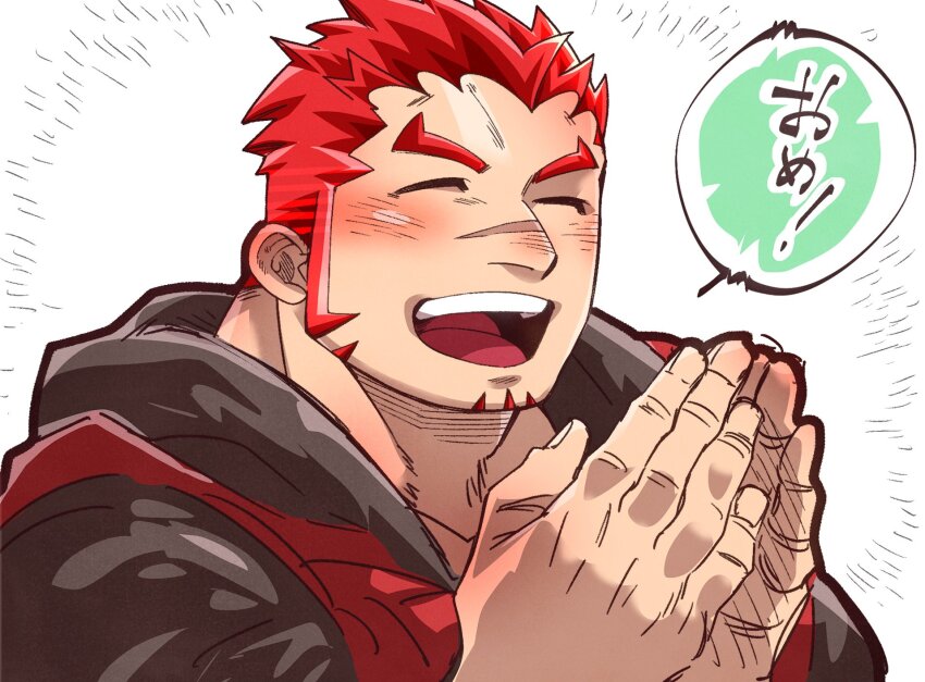 1boy ^_^ akashi_(live_a_hero) bara clapping closed_eyes facial_hair goatee happy highres kizami_nori_to_yamaimo live_a_hero long_sideburns male_focus muscular muscular_male red_eyes red_hair scar scar_on_face scar_on_nose short_hair sideburns solo thick_eyebrows translation_request