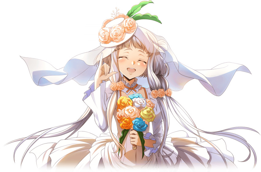 1girl ^_^ artist_request blue_flower blue_rose bouquet bridal_veil child closed_eyes code_geass code_geass:_lost_stories covered_navel cropped_torso dress facing_viewer female_focus flower game_cg hair_flower hair_ornament hands_up happy hat hat_flower highres holding holding_bouquet leaf long_hair long_sleeves m/ non-web_source official_art open_mouth orange_flower orange_rose rose see-through_clothes see-through_veil sidelocks simple_background smile solo standing tears teeth tianzi transparent_background upper_body veil very_long_hair wedding_dress white_dress white_flower white_hair white_rose yellow_flower yellow_rose