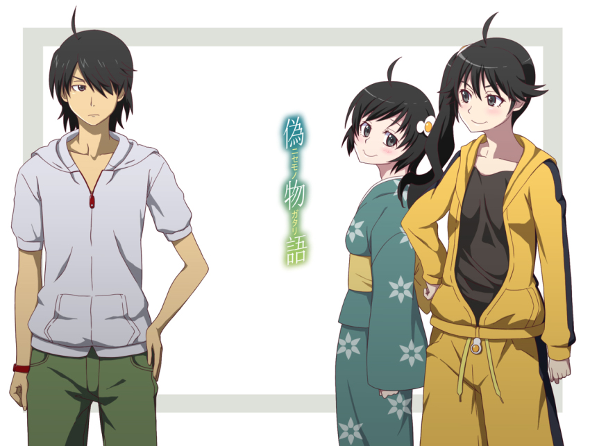 1boy 2girls ahoge araragi_karen araragi_koyomi araragi_tsukihi arm_at_side black_eyes black_hair black_shirt closed_mouth collarbone copyright_name egg_hair_ornament food-themed_hair_ornament green_kimono green_pants grey_sweater hair_ornament hand_on_own_hip hiroki_eiki hood hood_down hooded_sweater japanese_clothes kimono looking_at_another monogatari_(series) multiple_girls nisemonogatari official_style pants shirt short_hair short_sleeves siblings side_ponytail smile sweater wristband
