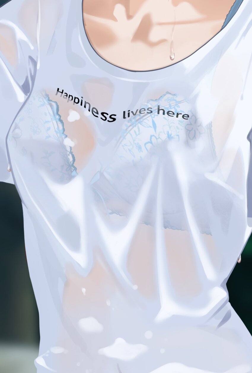 1girl bra bra_visible_through_clothes breast_focus breasts close-up clothes_writing collarbone hayakawa_sena_(pei_iriya) highres original pei_iriya see-through_clothes see-through_shirt shirt solo t-shirt underwear wet wet_clothes wet_shirt white_bra