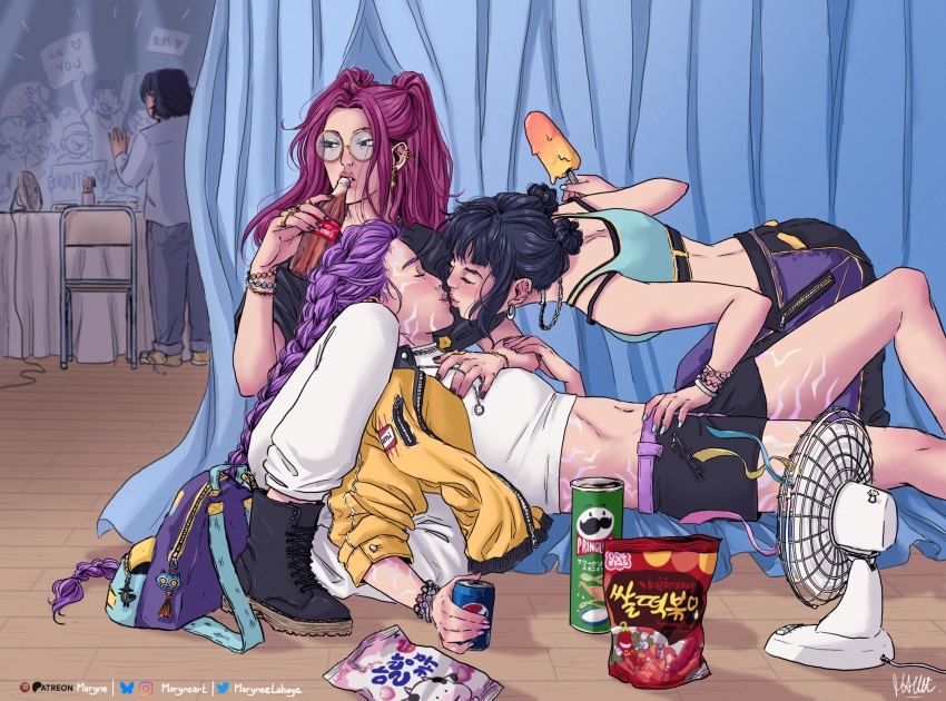 1boy 3girls absurdres bobby_(kpop_demon_hunters) body_markings can crop_top double_bun drink_can dutch_braided_ponytail food hair_bun highres imminent_kiss kpop_demon_hunters lap_pillow maryneelahaye mira_(kpop_demon_hunters) multiple_girls polygamy popsicle purple_hair rumi_(kpop_demon_hunters) short_shorts shorts soda_bottle soda_can twintails zoey_(kpop_demon_hunters)