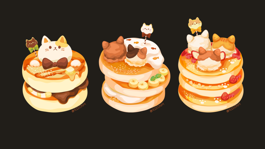 banana banana_slice brown_background cat-shaped_food chocolate_syrup cookie food food_focus fruit highres no_humans original pancake pancake_stack rizu_(rizunm) simple_background strawberry syrup