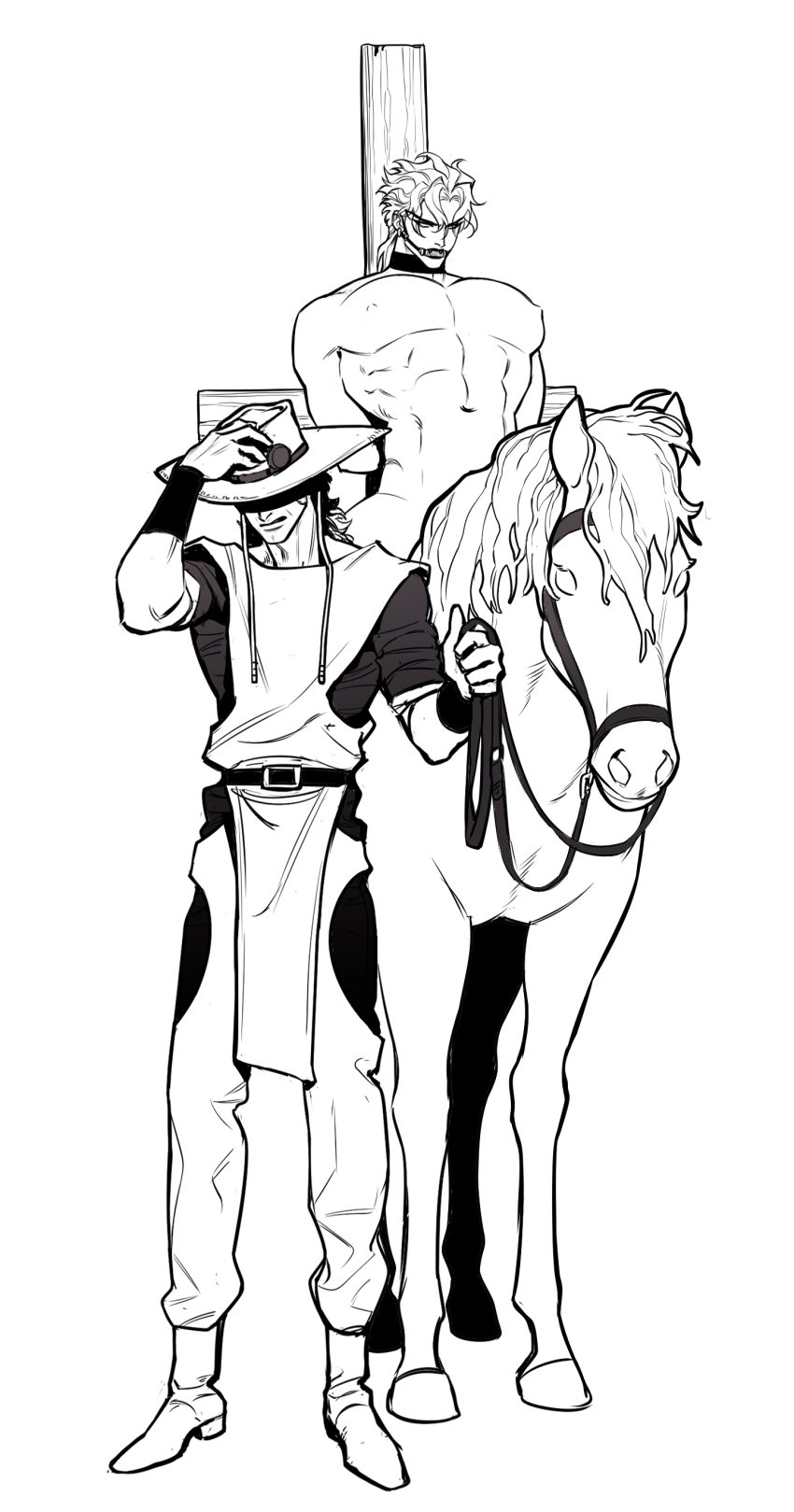 2boys absurdres bdsm bondage bound cross crucifixion dio_brando full_body gagged hat highres hol_horse horse horseback_riding huang_lia jojo_no_kimyou_na_bouken large_pectorals male_focus medium_hair monochrome multiple_boys navel nipples pectorals riding stardust_crusaders vampire yaoi