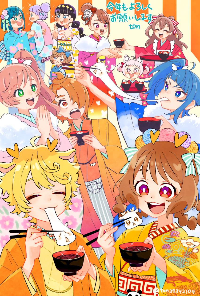 +_+ 2boys 6+girls :&lt; alternate_hairstyle animal_ears apron asymmetrical_bangs black_hair blonde_hair blue_eyes blue_hair blue_kimono blunt_bangs bob_cut bowl braid bright_pupils brown_hair child chopsticks closed_eyes commentary cut_bangs delicious_party_precure dog_ears dog_girl dragon_boy dragon_ears dragon_horns eating ellee-chan floral_print fox_ears fox_girl frown fur_scarf fuwa_kokone giving green_eyes hair_bun hair_ornament hair_rings hair_up hakama hanamichi_ran haori headdress highres hijiri_ageha hirogaru_sky!_precure holding holding_bowl holding_chopsticks holding_tray horns japanese_clothes kasai_amane kimono kome-kome kome-kome_(human) kotoyoro lifting_person long_hair long_sleeves looking_at_another mem-mem_(precure) mem-mem_(precure)_(human) multiple_boys multiple_girls nagomi_yui new_year nijigaoka_mashiro obi open_mouth orange_hair own_hands_together pam-pam pam-pam_(human) pink_eyes pink_hair pink_kimono precure print_kimono purple_eyes purple_hair red_eyes red_kimono saliva sash short_hair side_ponytail single_hair_bun single_sidelock smile sora_harewataru sparkle standing ton_(ton39342104) translated tray twin_braids twitter_username two_side_up white_apron white_kimono white_pupils wide_sleeves wing_hair_ornament yellow_kimono yuunagi_tsubasa zouni_soup