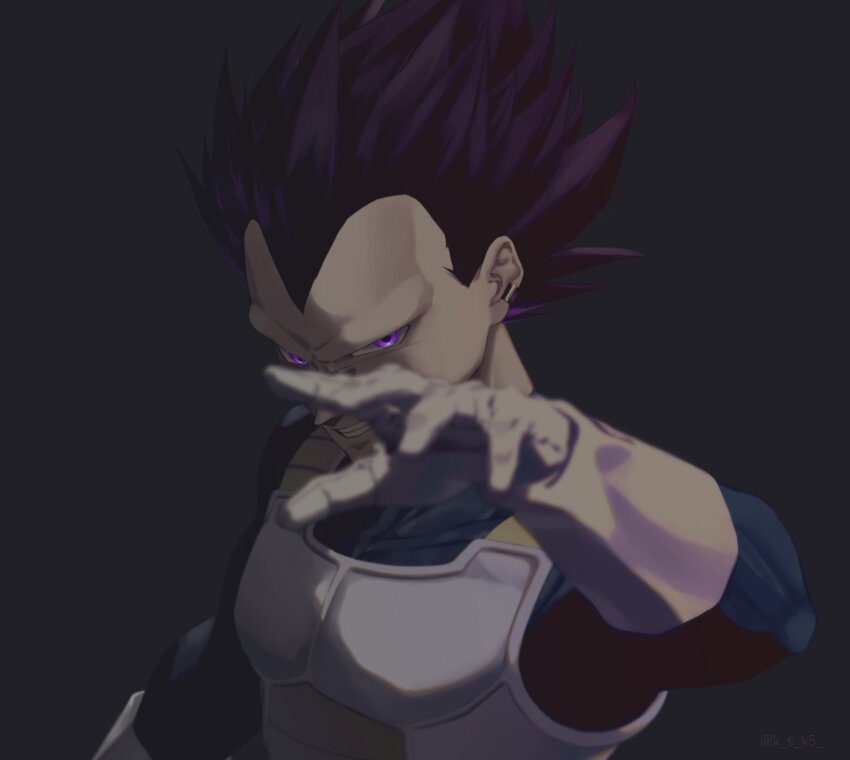 1boy absurdres arm_up black_background black_hair clenched_teeth collarbone dragon_ball dragonball_z gloves highres ksuke_(k-taro31) male_focus no_eyebrows outstretched_arm purple_eyes saiyan_armor solo spiked_hair teeth upper_body vegeta white_gloves widow&#039;s_peak