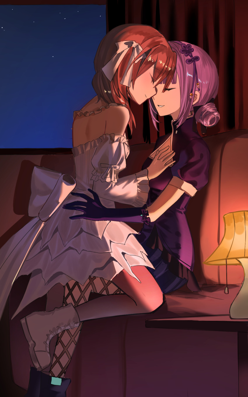 2girls absurdres back_bow blush bow breasts brown_hair china_dress chinese_clothes closed_eyes detached_sleeves dress drill_hair elbow_gloves face-to-face fishnet_pantyhose fishnets glasses gloves hair_ribbon hand_on_another&#039;s_chest hand_on_another&#039;s_waist heaven_burns_red highres higuchi_seika hiiragi_kozue indoors kr_woyue medium_hair multiple_girls night pantyhose puffy_short_sleeves puffy_sleeves purple_dress purple_hair ribbon shoes short_sleeves twin_drills white_dress white_ribbon white_shoes wide_sleeves