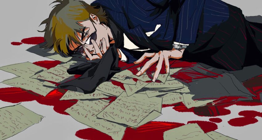 1boy adjusting_eyewear black-framed_eyewear black_scarf blazer blood blue_jacket brown_hair commentary feet_out_of_frame grey_eyes highres hyoudou_kazuya jacket kaiji looking_at_viewer male_focus on_floor open_mouth papers scarf short_hair smile solo striped_clothes striped_jacket sunglasses symbol-only_commentary vertical-striped_clothes vertical-striped_jacket zvz_(tt82295946)