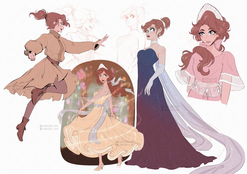 1girl absurdres anastasia_(1997) anya_(anastasia) blue_dress commentary cropped_torso crown dress earrings elbow_gloves full_body gloves green_dress hair_bun highres instagram_username jewelry lineart long_dress magic multiple_views necklace pantyhose pink_dress ponytail profile rachel12art red_hair see-through_clothes see-through_sleeves sparkle white_background yellow_dress