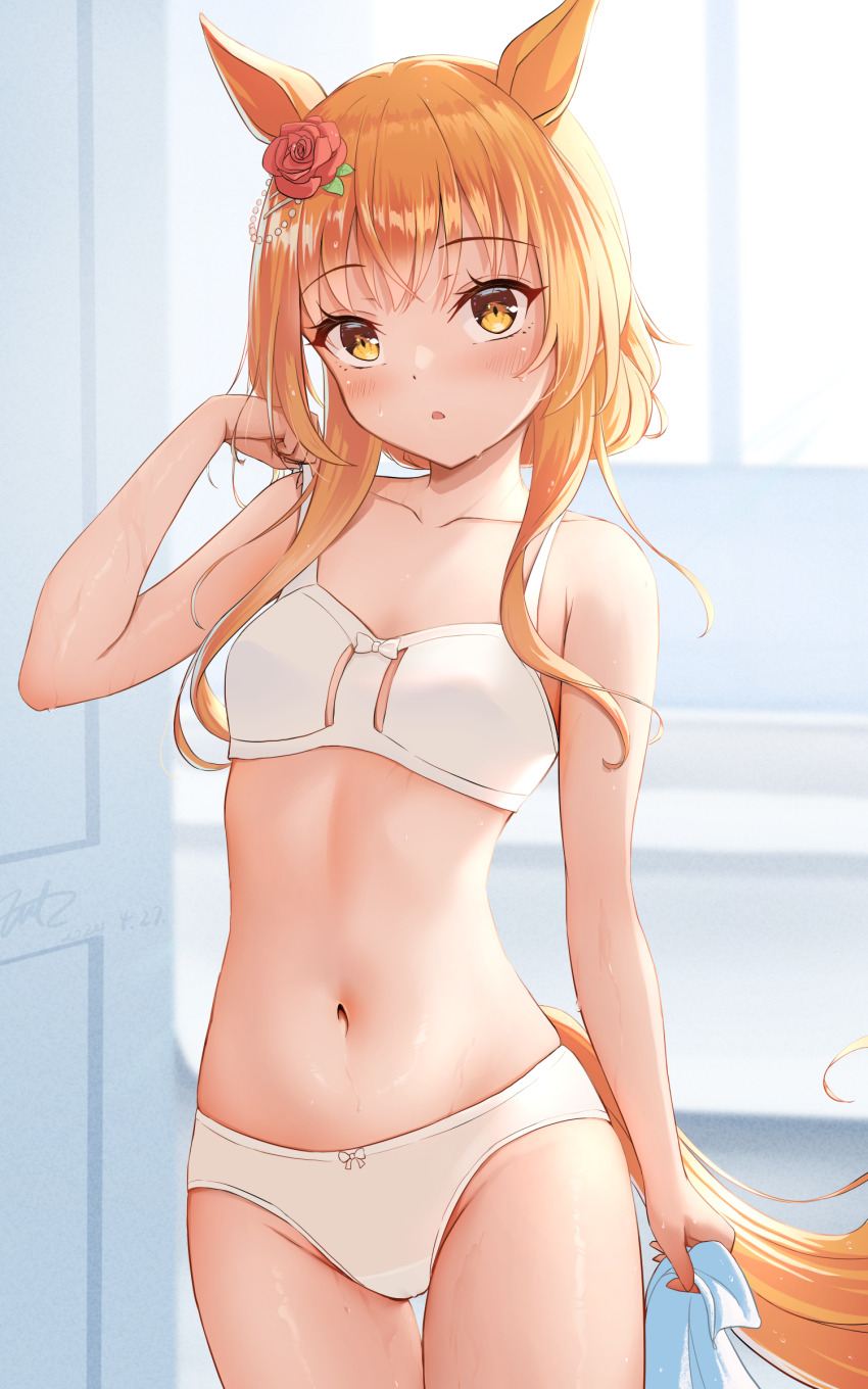 1girl absurdres animal_ears bra breasts commentary flower fritz614 hair_between_eyes hair_flower hair_ornament highres horse_ears horse_girl horse_tail indoors long_hair looking_at_viewer mayano_top_gun_(umamusume) navel orange_eyes orange_hair panties red_flower red_rose rose small_breasts solo standing tail umamusume underwear underwear_only white_bra white_panties