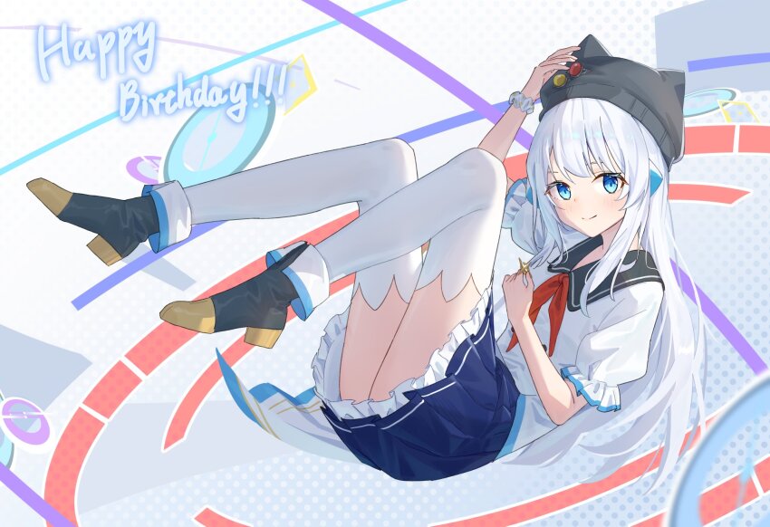 1girl ailailala ankle_boots beret black_footwear black_hat black_sailor_collar blue_eyes blue_skirt boots closed_mouth full_body happy_birthday hashtag-only_commentary hat high_heel_boots high_heels highres ilot_(rotaeno) long_hair long_sleeves looking_at_viewer neckerchief pleated_skirt red_neckerchief rotaeno sailor_collar shirt skirt smile thighhighs white_hair white_shirt white_thighhighs