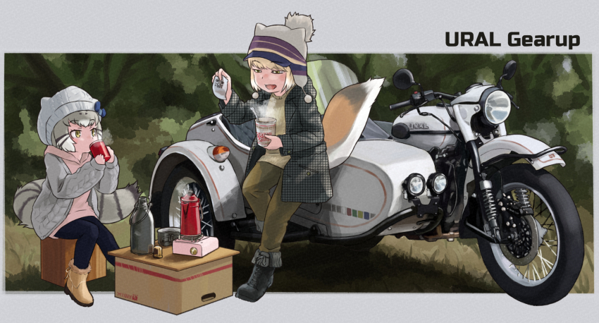 2girls alternate_costume animal_ears black_footwear blonde_hair blue_pants blush boots bow breath brown_pants cardigan casual cat_ears cat_girl cat_tail commentary eating fox_ears fox_girl fox_tail green_eyes green_shirt grey_headwear grey_jacket grey_sweater hair_bow hat highres hood hood_down hoodie jacket kemono_friends long_jacket long_sleeves motor_vehicle motorcycle multiple_girls nissin_cup_noodle open_cardigan open_clothes open_mouth pallas&#039;s_cat_(kemono_friends) pants pink_hoodie shirt short_hair sidelocks sweater tail thermos tibetan_fox_(kemono_friends) toriny vehicle_focus yellow_eyes