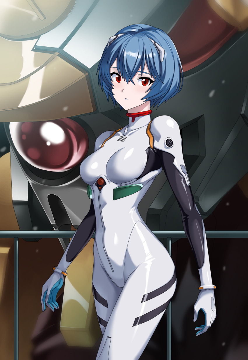 1girl :o absurdres ayanami_rei blue_hair bodysuit breasts closed_mouth eva_00 expressionless highres indoors indy_k looking_at_viewer mecha mecha_pilot_suit medium_breasts neon_genesis_evangelion plugsuit_(evangelion) red_eyes robot short_hair solo standing white_bodysuit