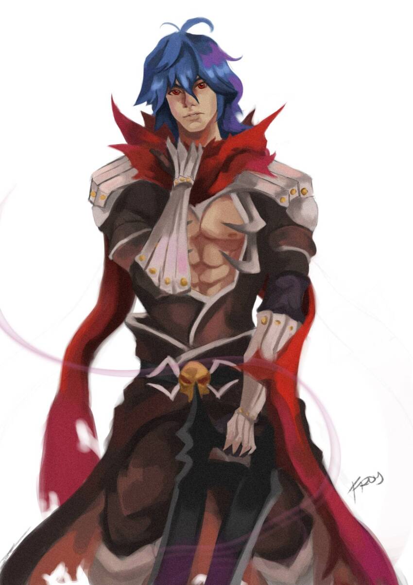 1boy abs armor assassin_cross_(ragnarok_online) black_cape black_pants black_shirt blue_hair cape closed_mouth commentary cowboy_shot dagger english_commentary eremes_guile froilanavinante highres holding holding_dagger holding_knife holding_weapon jamadhar knife long_hair looking_at_viewer male_focus nipples pants pauldrons ragnarok_online red_eyes red_scarf scarf shirt shoulder_armor simple_background skull solo torn_clothes torn_scarf vambraces waist_cape weapon white_background